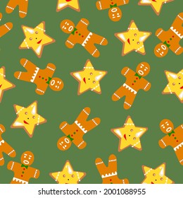 Christmas seamless pattern of gingerbread men and stars on a khaki background.Vector holiday pattern can be used in textiles,postcards,gift packages.