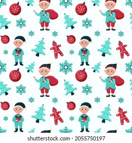 Christmas seamless pattern, gingerbread men and Christmas tree toys on a blue background, pattern for gift paper