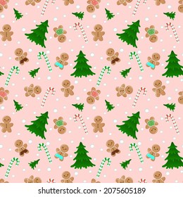 christmas seamless pattern with gingerbread men and girl, pine tree, snow flakes and candy canes.