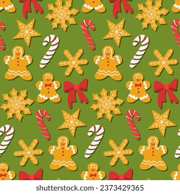 Christmas seamless pattern with gingerbread men, snowflakes, candy sticks and ribbon in flat hand drawn style on green background. Holiday design for decoration, wrapping