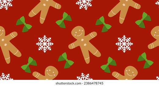 Christmas Seamless pattern with Gingerbread men on red background with Snowflakes and Green bows. Holiday Decoration, textile Template, Wrapping paper, Wallpaper, napkins. New Year cookies, Dessert