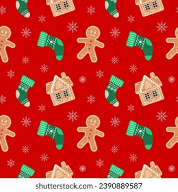 Christmas seamless pattern with gingerbread men, houses, snowflakes and socks. Festive red background, vector