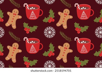 Christmas seamless pattern. Gingerbread men, green fir branches, cup with cocoa isolated on brown background. Vector illustration for wrapping paper, background, textile