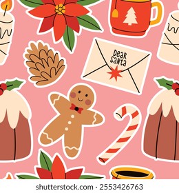 Christmas seamless pattern with gingerbread, poinsettia, letter to santa claus and Christmas cupcake.Winter colorful repeating pattern. 