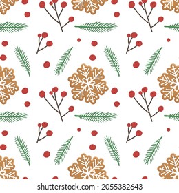 Christmas Seamless pattern with gingerbread snowflake shape cookies, spruce twig, red berries. Template for holiday menu, fabric and wrapping paper. Repeated background for textile, wallpaper