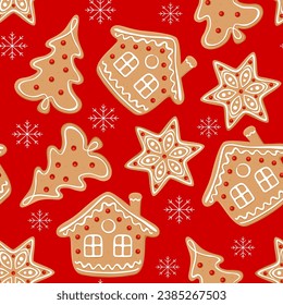 Christmas seamless pattern with gingerbread and snowflakes on a red background. Vector cartoon illustration.