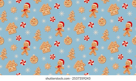 Christmas seamless pattern with gingerbread, swirl candies and snowflakes on blue background.