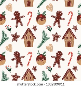 Christmas seamless pattern with gingerbread and Christmas traditional cookies, winter design