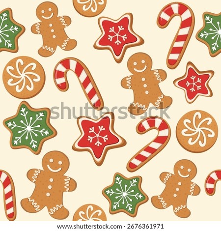 Christmas seamless pattern with gingerbread, Christmas traditional cookies and candies, seasonal winter design.