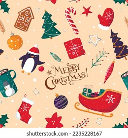 Christmas seamless pattern with gingerbread, Christmas tree, penguin,
gift box, Christmas decorations, cup with cocoa, holly, santas sledge,stars. Vector illustrations. Wrapping papper. New year 2023.