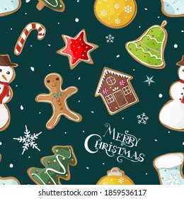 Christmas seamless pattern with gingerbread. Vector illustration with christmas tree, stars, bell, gingerbread man and snowflake. New Year 2021. For banners, posters, wrapping paper, cards, menu