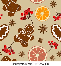 Christmas Seamless Pattern, Gingerbread Winter Surface Pattern, Winter Vector Repeat Pattern for Home Decor, Textile Design, Fabric Printing, Stationary, Packaging, Wrapping Paper or Background
