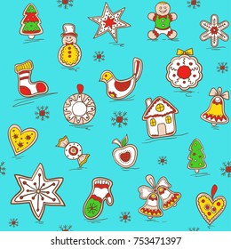 Christmas seamless pattern with Gingerbreads. Christmas background. Holiday pattern for bedding, wrapping paper, fabric,