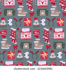 Christmas seamless pattern with gingerbreads, gifts fir tree. Winter holiday background