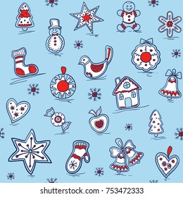 Christmas seamless pattern with Gingerbreads. Holiday background. Pattern for bedding, wrapping paper, fabric.