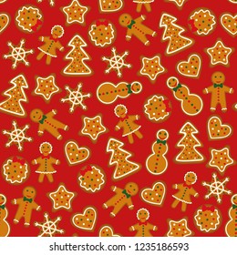 Christmas seamless pattern with gingerbreads on dark red background