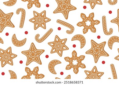 Christmas seamless pattern of Christmas gingerbreads on white background. Christmas background. Christmas ornaments.