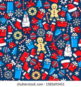 Christmas  seamless pattern. Gingerbreads, Christmas tree decorations, snowman, gifts, snowflake, and other . Vector illustration.Texture for fabric, wrapping, wallpaper. Decorative print.