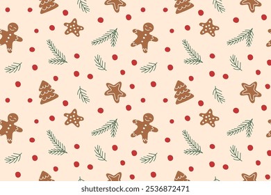 Natal padrão sem emenda de gingerbreads e ramos de árvore de Natal. Fundo de Natal. Enfeites de Natal.