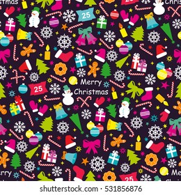 Christmas  seamless pattern. Gingerbreads, Christmas tree decorations, snowman, gifts, snowflake, stars  and other . Vector illustration.