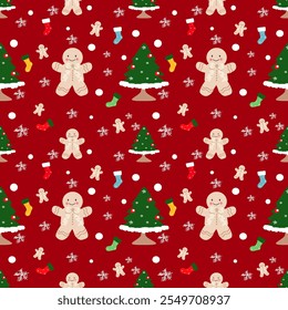 christmas seamless pattern with gingerman , snowflakes, christmas tree, socks on Red Background, Vector Illustration 