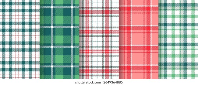 Christmas seamless pattern. Gingham plaid background. Set check fabric prints. Tartan shirt cloth. Flannel lumberjack textures. Red green backdrops.  Geometric checkered textile. Vector illustration. 