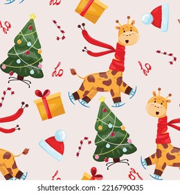 Christmas seamless pattern with a giraffe, Christmas tree and gift boxes. Funny Christmas  cartoon illustration with ice skating giraffe. For textile, wrapping paper, backgrounds, cards, packaging.