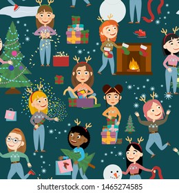 Christmas seamless pattern. Girls with deer horns celebrate the new year, decorate the Christmas tree, unwrap gifts and have winter fun. Vector illustration of kids