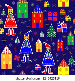 Christmas seamless pattern with girls, snowflakes, stars, houses and Christmas trees on a blue background.