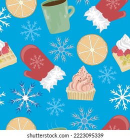 navidad sin fisuras con guante, rodajas anaranjadas, una taza de té caliente, copos de nieve y gofres. gráficos vectoriales