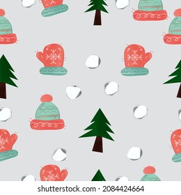 christmas seamless pattern with gloves, christmas tree and hat, vector illustration