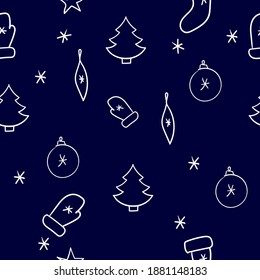 Christmas seamless pattern with gloves, trees, snowflakes, flat vector illustration