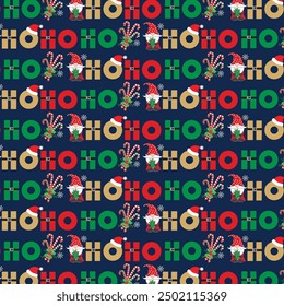 Christmas seamless pattern with gnome, candy cane and ho ho ho