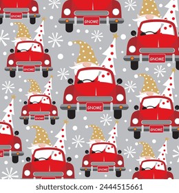 Christmas seamless pattern with gnome and tree on the car