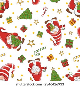christmas seamless pattern gnome ,christmas tree,gifts and candy