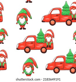 Christmas seamless pattern with gnome in truck