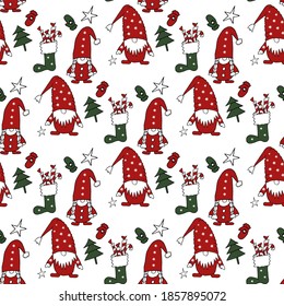 Christmas seamless pattern with gnomes for backgrounds, Christmas greeting cards, holiday prints, invitations, and more.