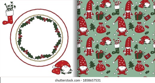 Christmas seamless pattern with gnomes, festive round frame, isolated objects for creating holiday cards, elegant textiles, prints, backgrounds. Festive christmas background in vector.