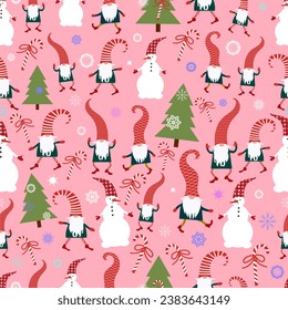 Christmas seamless pattern, gnomes, fir trees, snowflakes, illustration, vector, can be used for fabric, wrapping paper, scrapbooking, textile, posters, banners and other Christmas design.