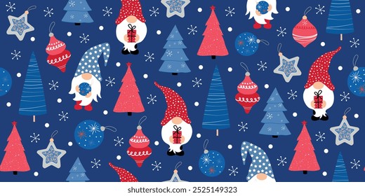 Navidades sin patrón con gnomos, abeto y copos de nieve. Navidades impresas para papel de regalo, tarjetas de Navidad. Vector.