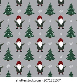 Weihnachtsnahtloses Muster mit Gnomen. Nordische, skandinavische Weihnachten. Das neue Jahr. Geeignet für Geschenkdekoration, Postkarten, Verpackungspapier, Scrapbooking.