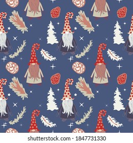 Christmas seamless pattern with gnomes, pines and cones.