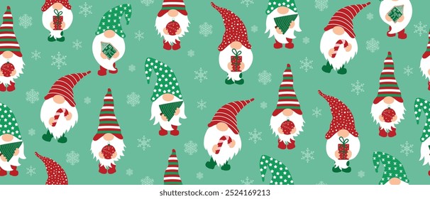 Weihnachten nahtloses Muster mit Gnomen und Schneeflocken. Neujahrsmuster für Stoff, Umhüllungspapier, Textil, Banner, Weihnachtsdesigns. Vektor.