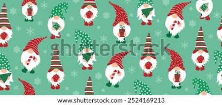 Christmas seamless pattern with gnomes and snowflakes. New Year pattern for fabric, wrapping paper, textile, banners, Christmas designs. Vector.