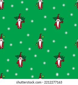 Christmas seamless pattern with gnomes, trees and snowflakes. Can be used for fabric, wrapping paper, scrapbooking, textile, poster, banner and other christmas design. Vector illustration