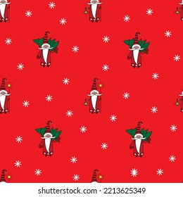 Christmas seamless pattern with gnomes, trees and snowflakes. Can be used for fabric, wrapping paper, scrapbooking, textile, poster, banner and other christmas design. Vector illustration