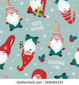 Christmas seamless pattern with Gnomes. Vector illustration for christmas invitations, t-shirts and scrapbooking