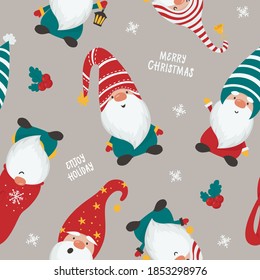 Christmas seamless pattern with Gnomes. Vector illustration for wrapping paper and scrapbooking