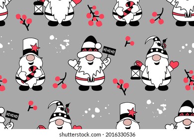Christmas seamless pattern with gnomes. Winter holidays. Cute background.