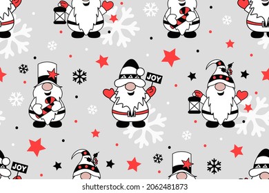 Christmas seamless pattern with gnomes. Wrapping paper, textile, fabric design. Winter holidays concept.